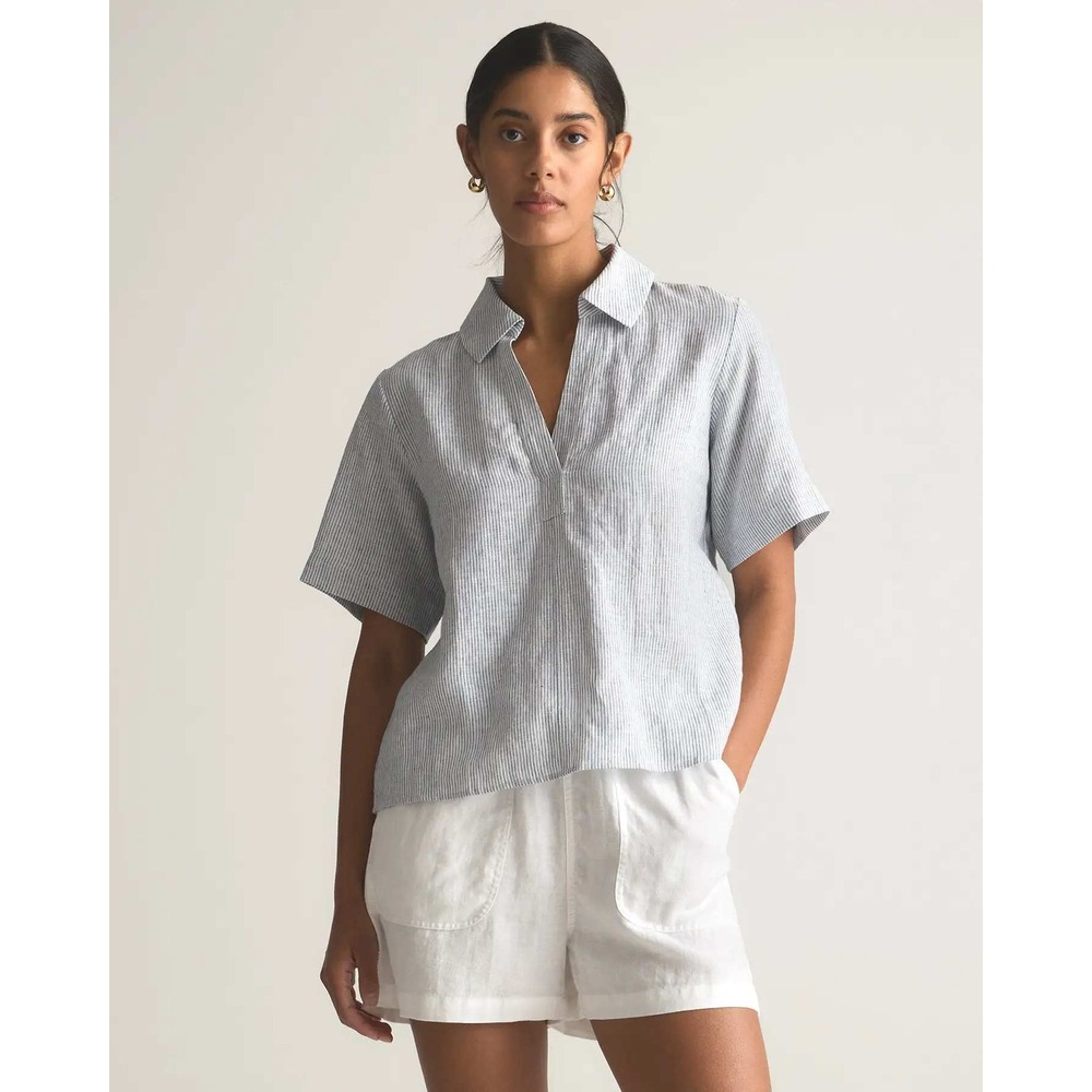 Quince European Linen Short Sleeve Popover Top Blue Pinstripe Small NWT